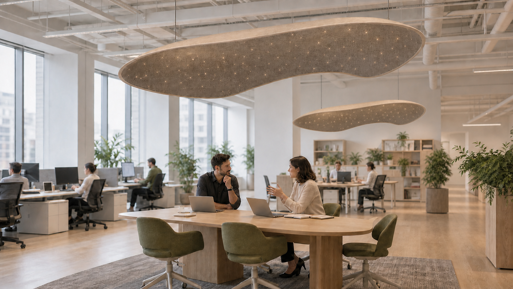 Aurium acoustic conversation dome suspended above a collaborative worktable in a bright open office.