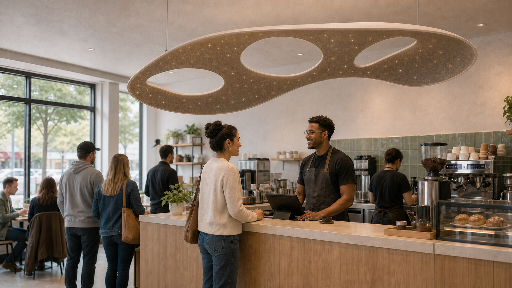 Aurium canopy with organic openings above a busy coffee-shop customer service counter.